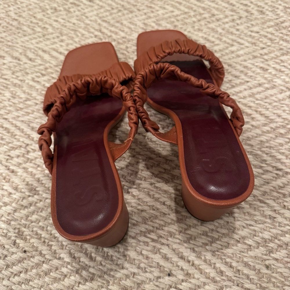 STAUD Frankie Tan Brown Ruched Leather Block Heel Sandals Slides | 38 - Picture 6 of 7